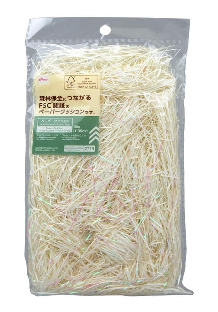 Daiso Crinkle Cut Shredded Paper Filler Ivory 30g - FSC Certified Iridescent Cushion for Gift Baskets & Crafts